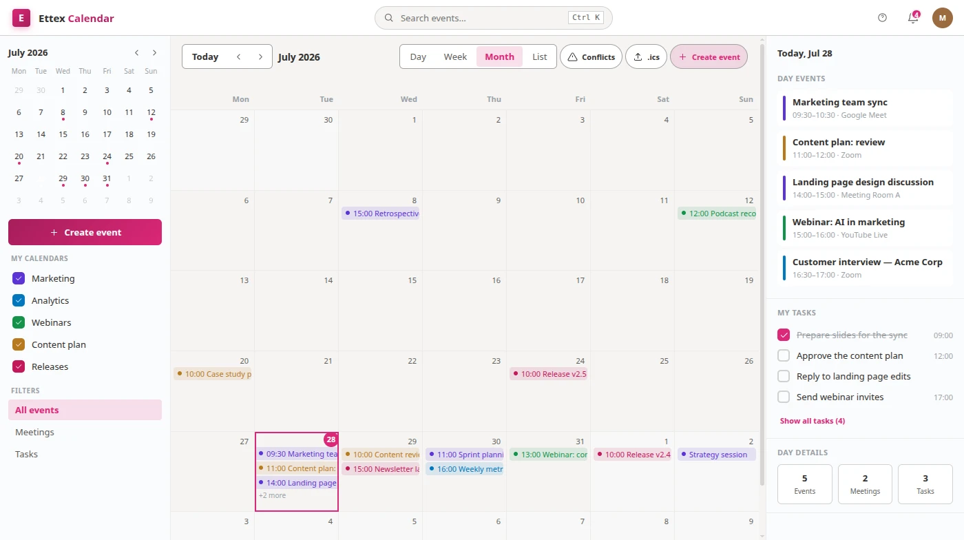 Ettex Calendar — Events & tasks