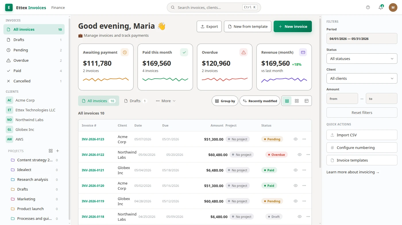 Ettex Invoices — Invoicing