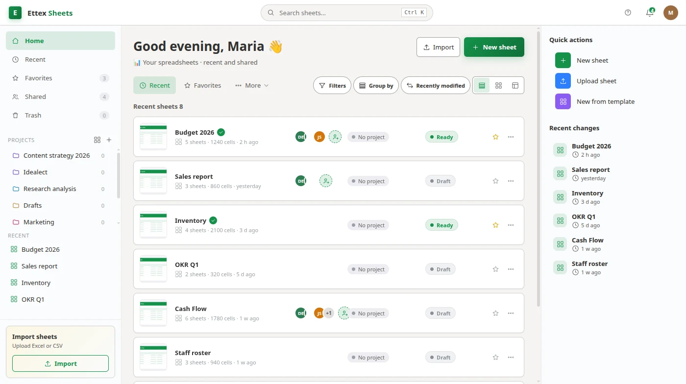 Ettex Sheets — Sheets & formulas