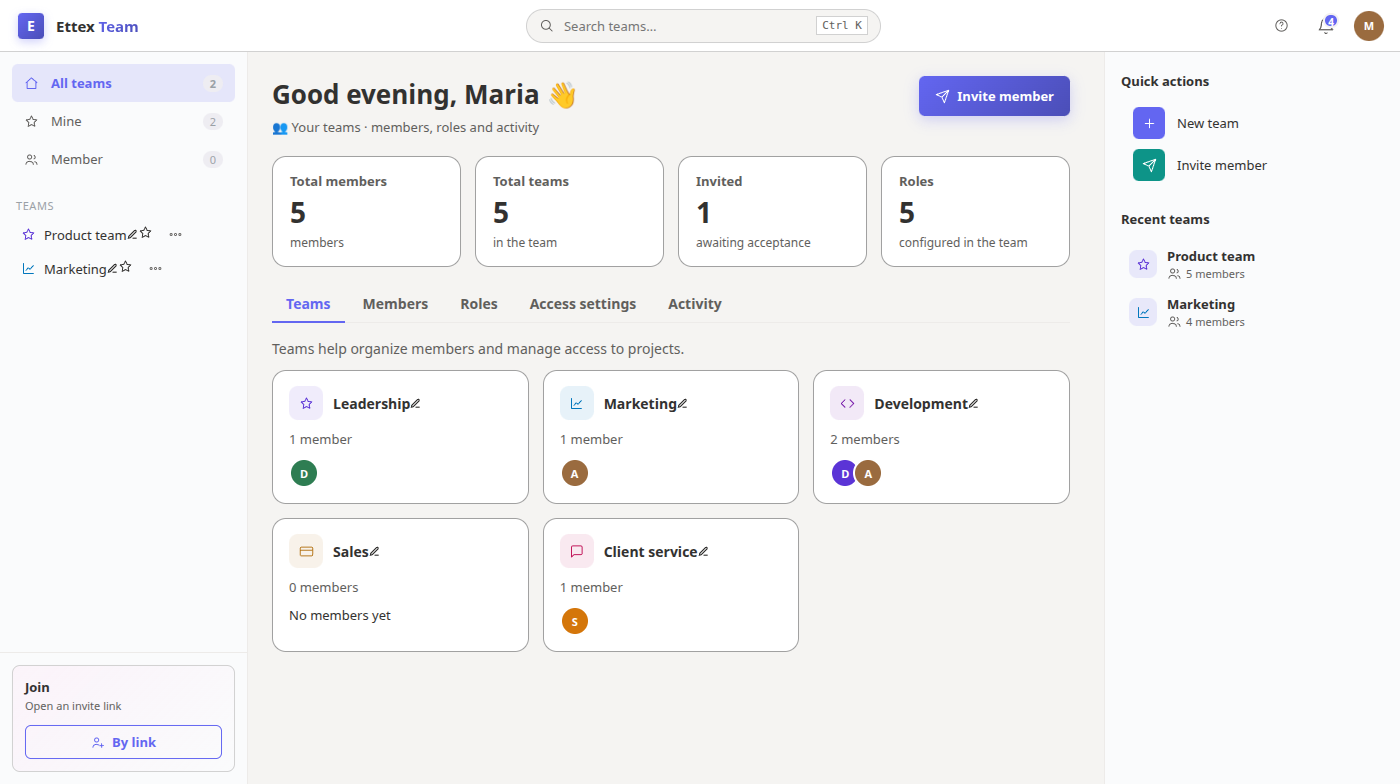 The Teams dashboard