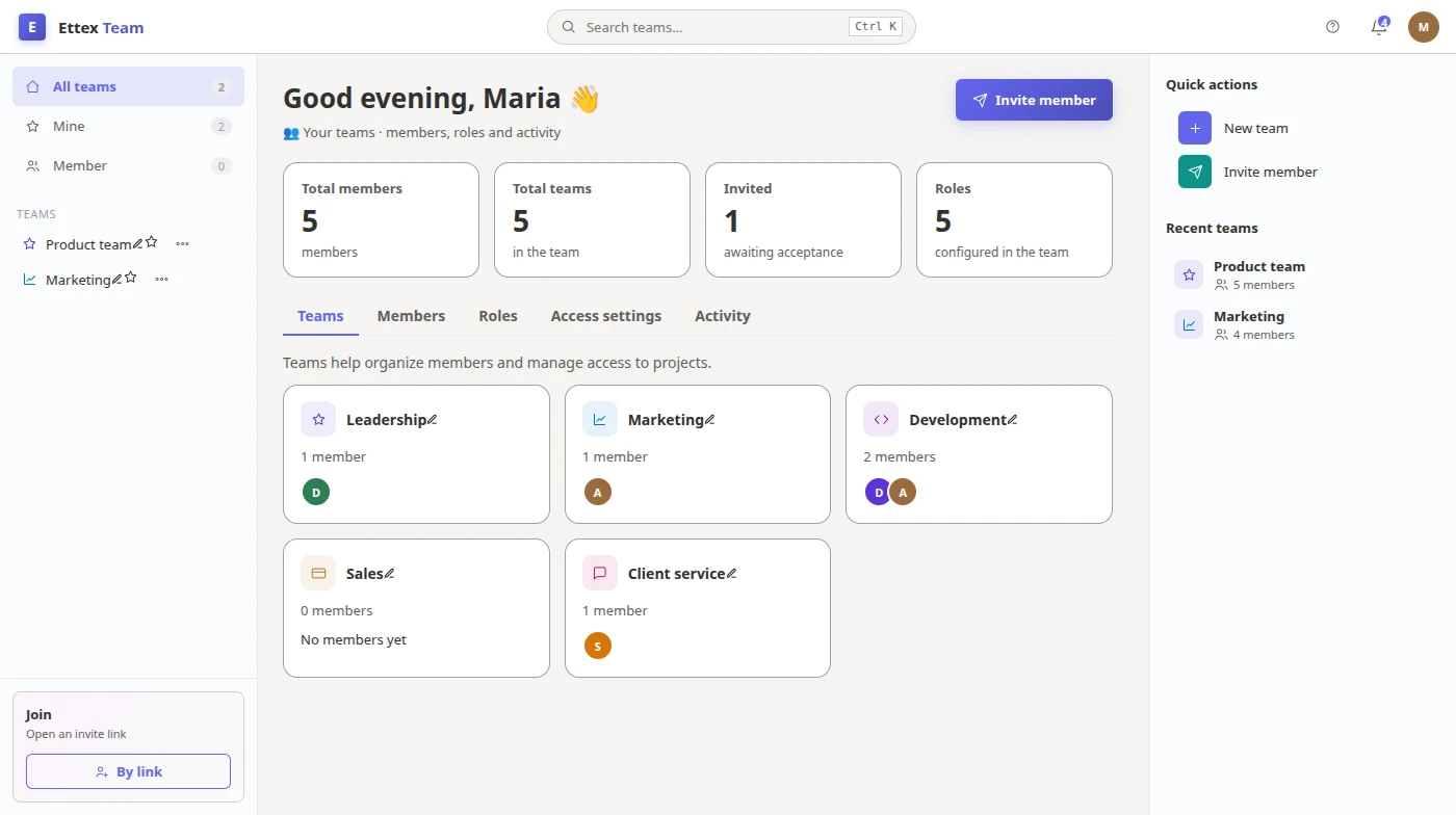 Ettex Workspace — Teams & members